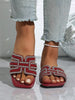 Summer Wide-Width Women's Luxury Inspired Chain Cutout Open Toe Minimalist Brown Crystal Embellished Slide Sandals - Plus Size Comfortable Versatile Beach Slippers